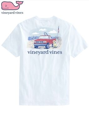 NWT Vineyard Vines Mens Large Golden Retriever Beach Truck Graphic White Tee